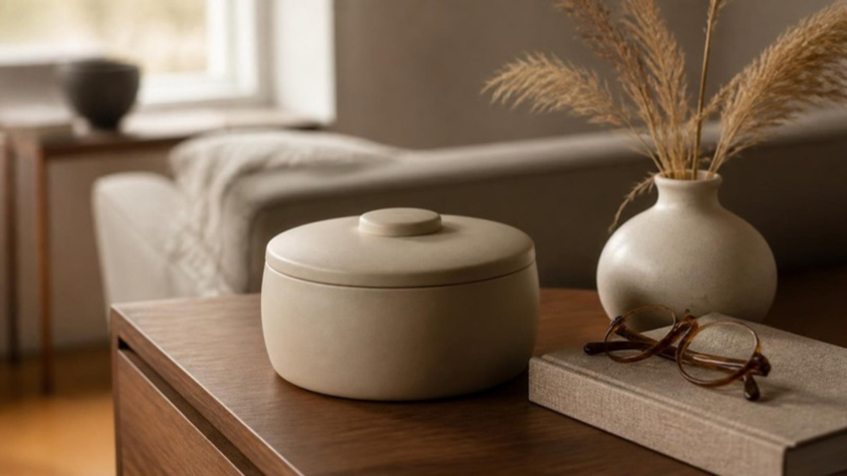 Eine matte, sandfarbene Keramikdose auf einem Nussbaum-Sideboard neben einer Vase mit Trockengräsern und einer Lesebrille im weichen Morgenlicht