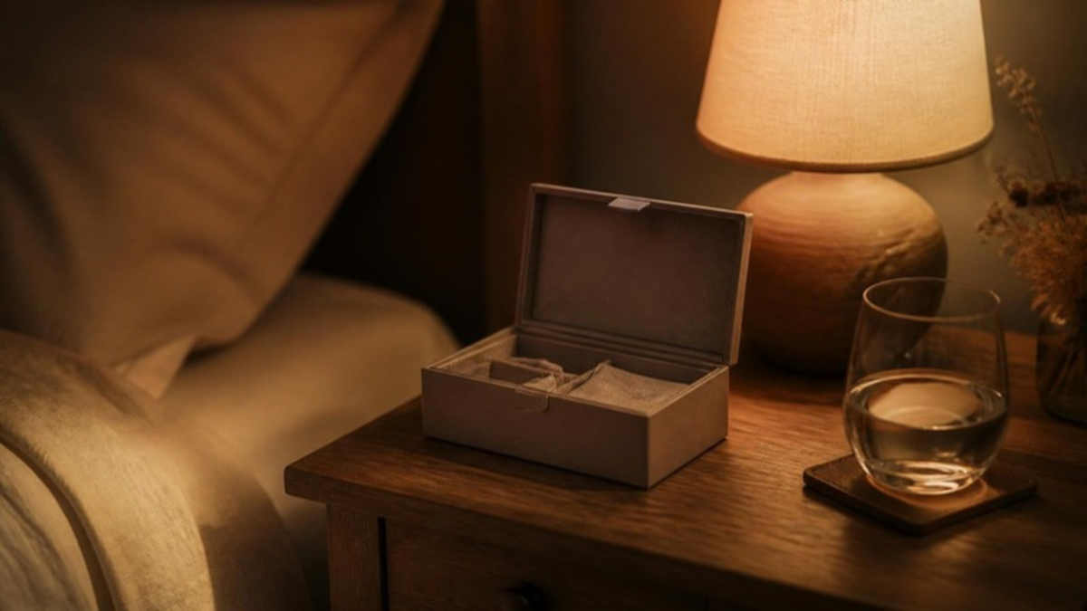 Eine geöffnete, matte Box steht ganz selbstverständlich auf einem Nachttisch neben einer warmen Lampe